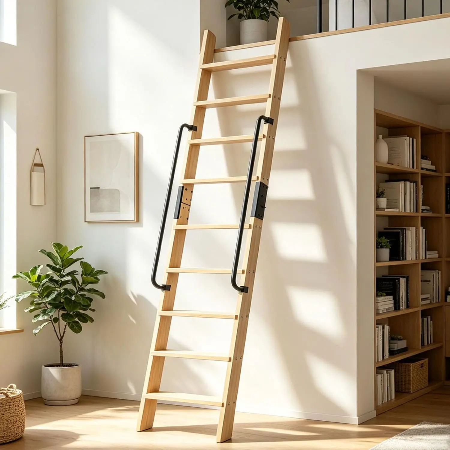 9.8FT Solid Wood Rolling Library Ladder, Industrial Style Loft Ladder with Double Handrails, 9 Steps Attic Ladder, 660LBS High C
9.8FT Solid Wood Rolling Library Ladder, Industrial Style Loft Ladder with Double Handrails, 9 Steps Attic Ladder, 660LBS High C