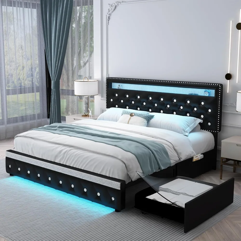 Queen Led Bed Frame with 2 Drawers, Heavy Duty Upholstered Platform Bed Frames Queen Size with Storage and Adjustable Crystal Bu
Queen Led Bed Frame with 2 Drawers, Heavy Duty Upholstered Platform Bed Frames Queen Size with Storage and Adjustable Crystal Bu