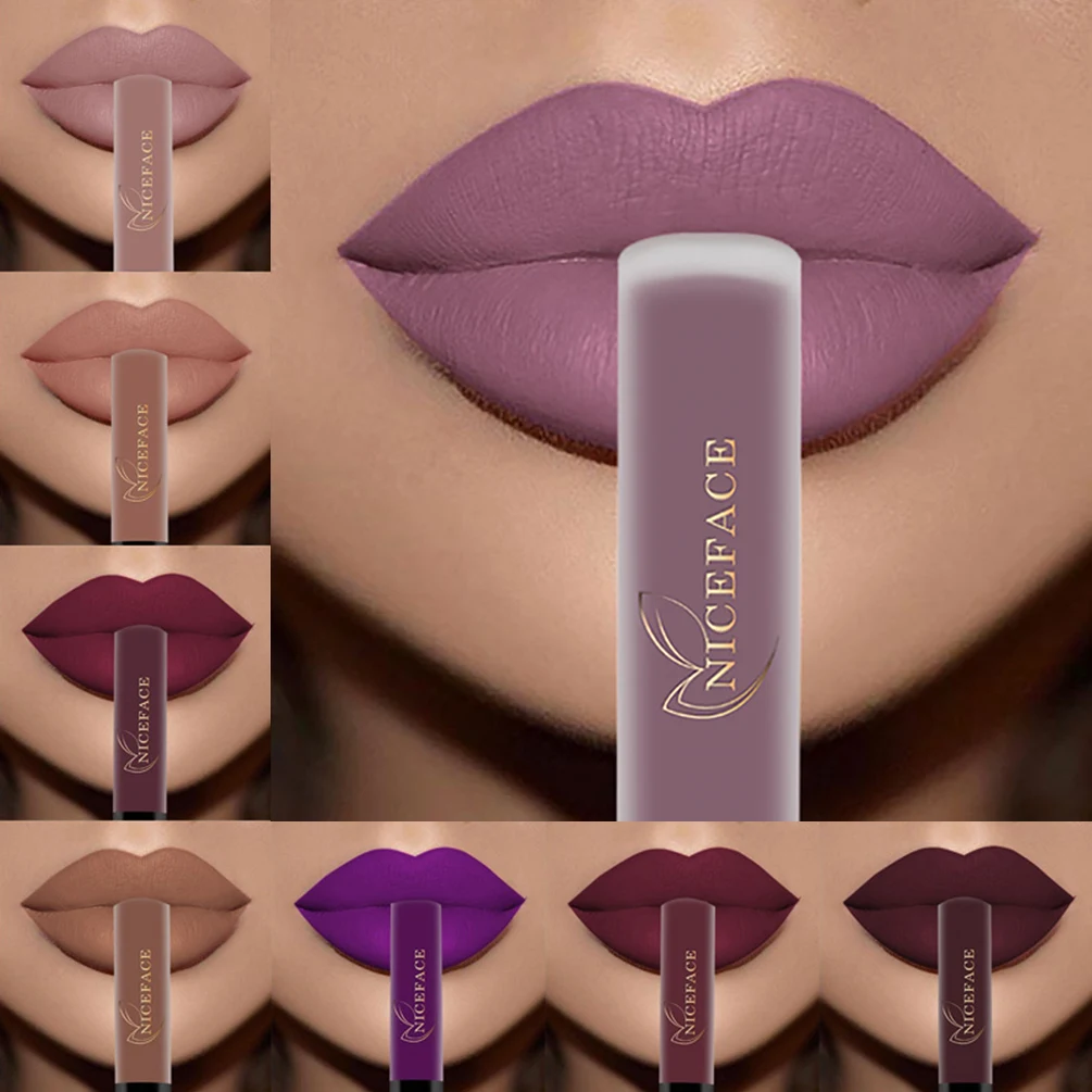 NICEFACE Nude Matte Lip Gloss Waterproof Liquid Lipstick Long Lasting Sexy Red Purple Black Lip Glaze Makeup For Women Lip Tint