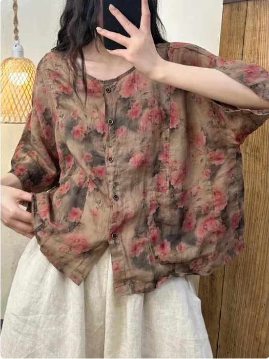 Retro Cotton Linen Print irt Women's Button round Ne Top Versatile Summer Commute Sle Loose Fit ort Sve Blouse
Retro Cotton Linen Print irt Women's Button round Ne Top Versatile Summer Commute Sle Loose Fit ort Sve Blouse