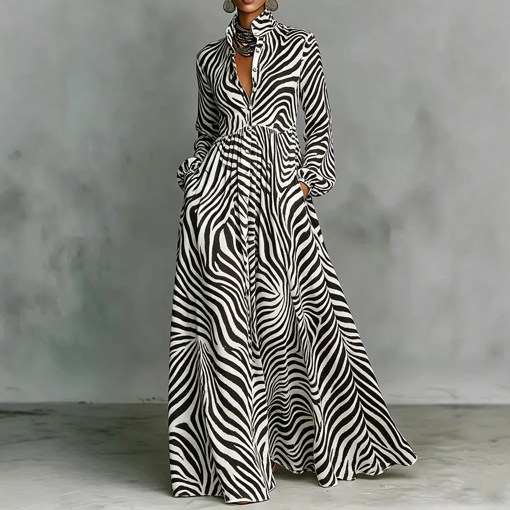 Women's Black White Zebra Stripe Long Sleeve Maxi Dress Elegant Loose Fit Button Up Fashiona Versatile Casual Party Dress
Women's Black White Zebra Stripe Long Sleeve Maxi Dress Elegant Loose Fit Button Up Fashiona Versatile Casual Party Dress