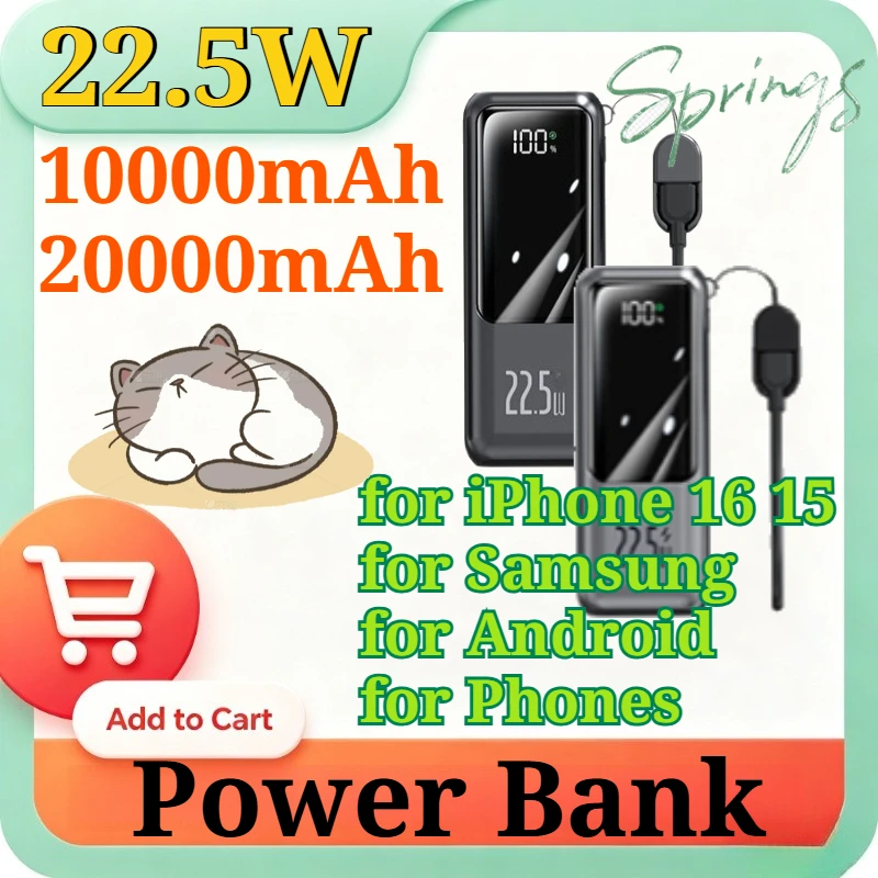 22.5W 10000/20000mAh PD Fast Charging Power Bank with Built-in Type-C Cable Portable Charger with LED Digital Display for IPhone
22.5W 10000/20000mAh PD Fast Charging Power Bank with Built-in Type-C Cable Portable Charger with LED Digital Display for IPhone
