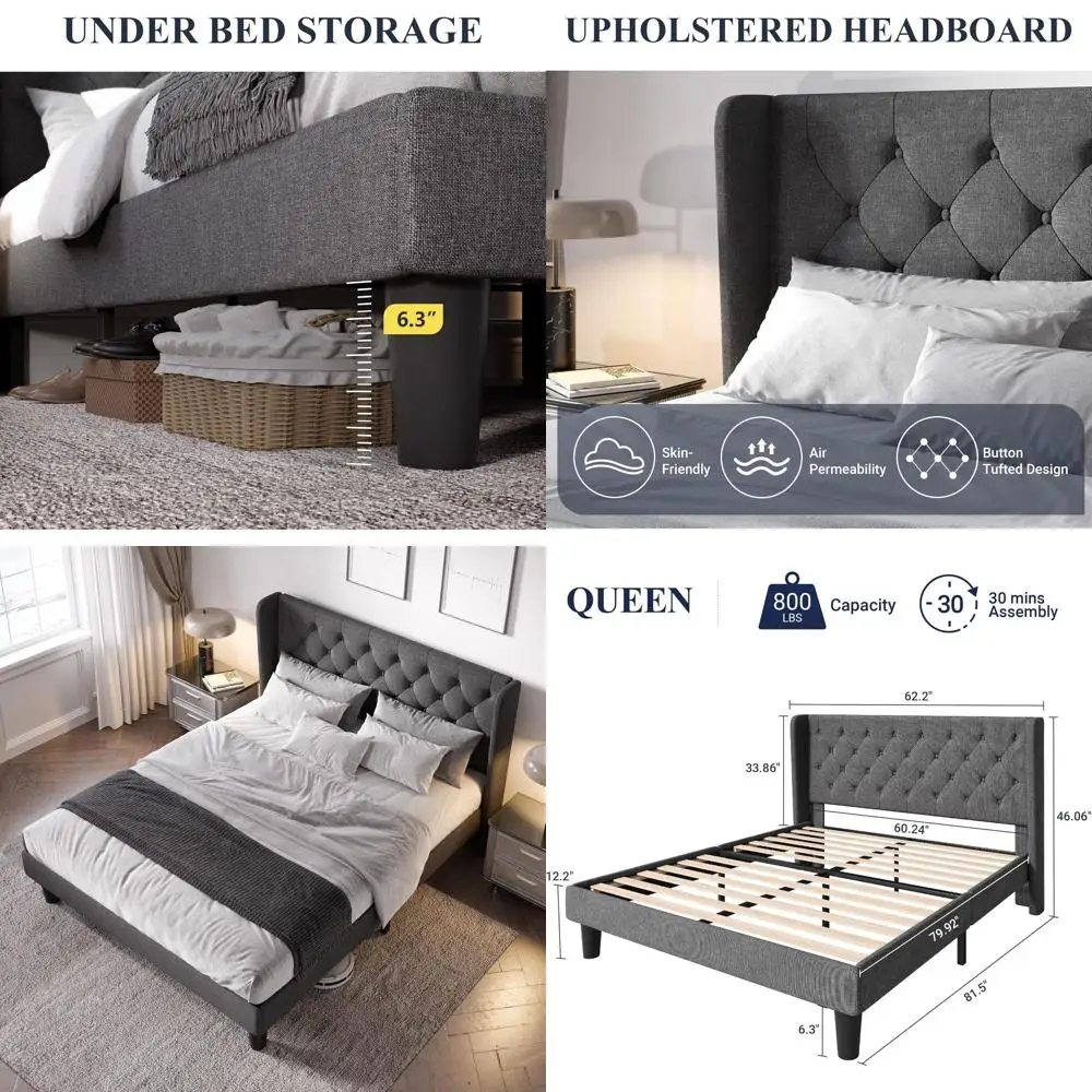 Queen Size Button-Tufted Wingback Bed with Upholstered Platform and Wooden Slat Support - No Box Spring Needed, Grey
Queen Size Button-Tufted Wingback Bed with Upholstered Platform and Wooden Slat Support - No Box Spring Needed, Grey