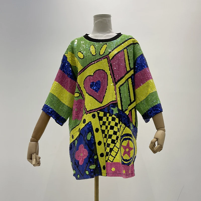 H80&S90 New Summer Short Sleeve Geometric Multi T-Shirt Women Sequin Loose Night Club Hip Hop Streetwear Tank Top Pullover Dress
H80&S90 New Summer Short Sleeve Geometric Multi T-Shirt Women Sequin Loose Night Club Hip Hop Streetwear Tank Top Pullover Dress