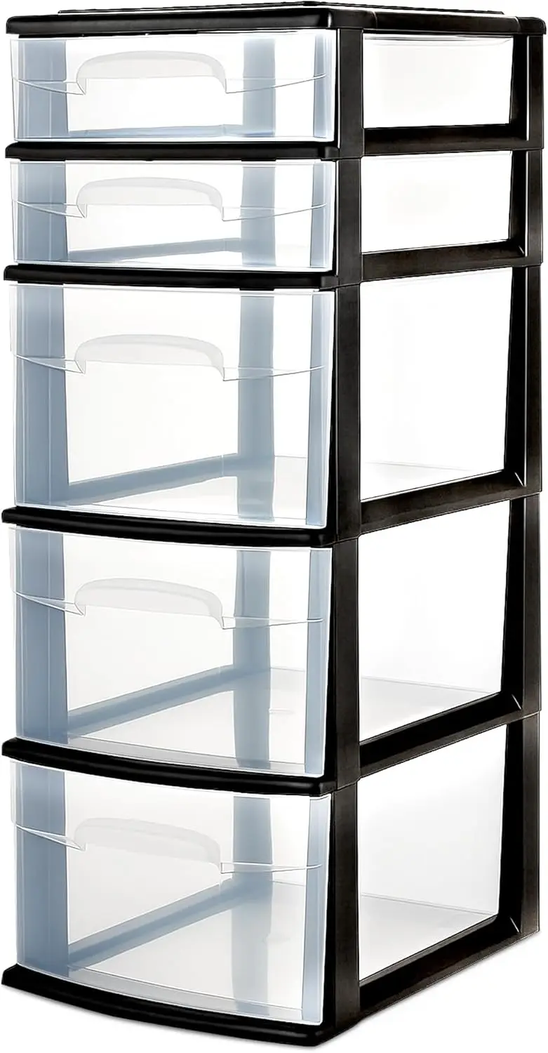 5-Tier Clear Plastic Storage Drawer Tower, Black Frame - Tall Organizer for Clothes, Bedroom, Bathroom, Closet
5-Tier Clear Plastic Storage Drawer Tower, Black Frame - Tall Organizer for Clothes, Bedroom, Bathroom, Closet