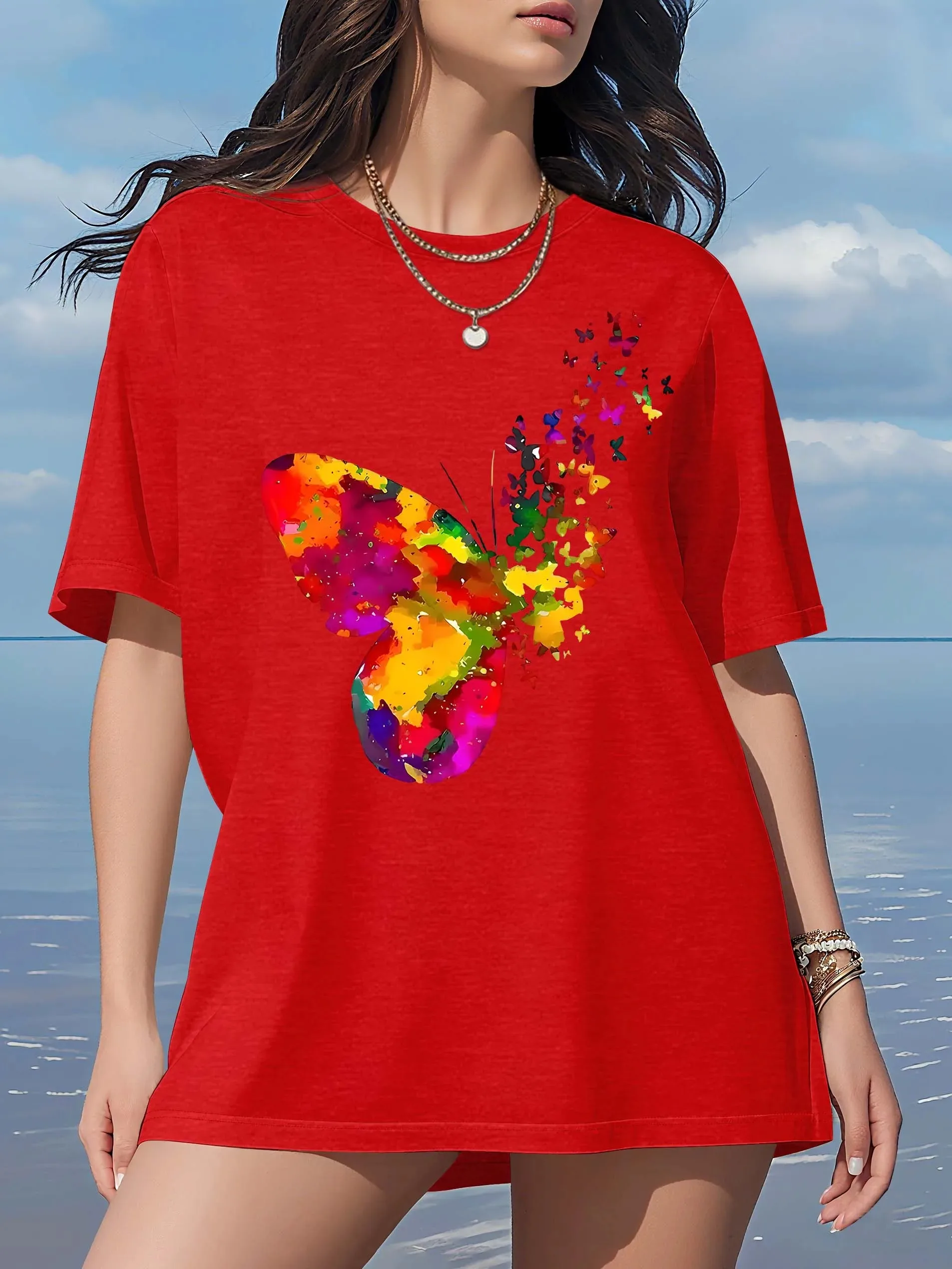Плюс - Футболка с коротким рукавом - Женская одежда: Красочная красная футболка с рисунком бабочки 
Плюс - Футболка с коротким рукавом - Женская одежда: Красочная красная футболка с рисунком бабочки