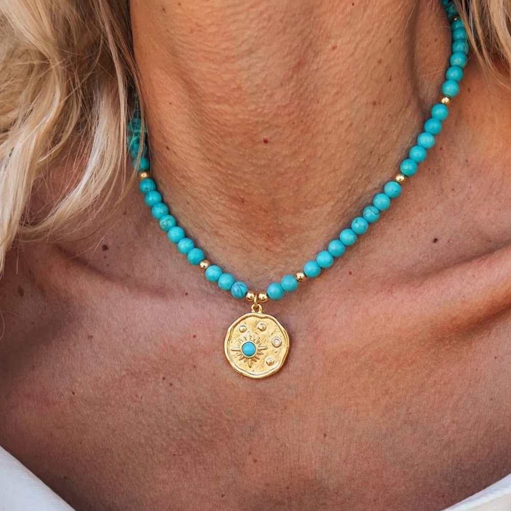 Stainless Steel Gold Color Sun Pendant Necklace Boho Turquoise Beads Adjustable Choker Necklace for Women Summer Jewelry Gift
Stainless Steel Gold Color Sun Pendant Necklace Boho Turquoise Beads Adjustable Choker Necklace for Women Summer Jewelry Gift