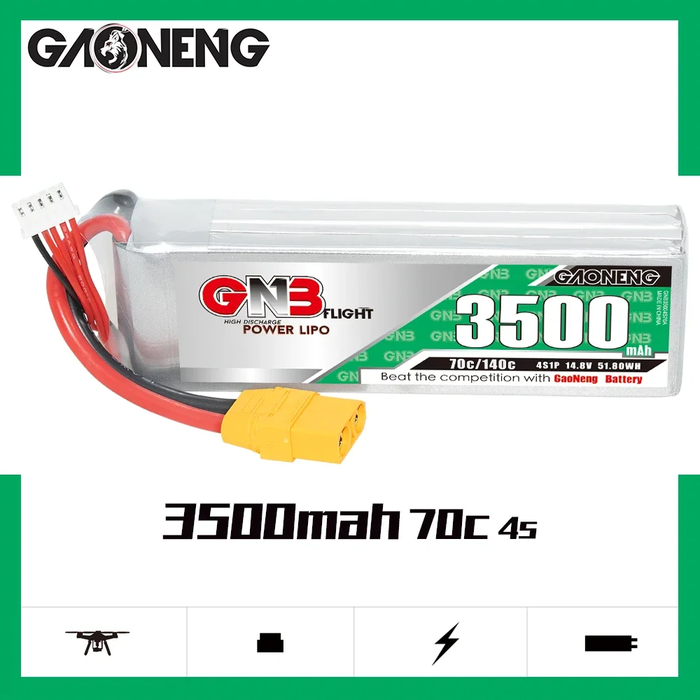 GAONENG GNB 3500mAh 4S 70C 140C 14.8V XT90 LiPo Battery 1/10 Scale RC Hobby Models 300mm to 360mm 7 inches FPV Drone RC Boat
GAONENG GNB 3500mAh 4S 70C 140C 14.8V XT90 LiPo Battery 1/10 Scale RC Hobby Models 300mm to 360mm 7 inches FPV Drone RC Boat