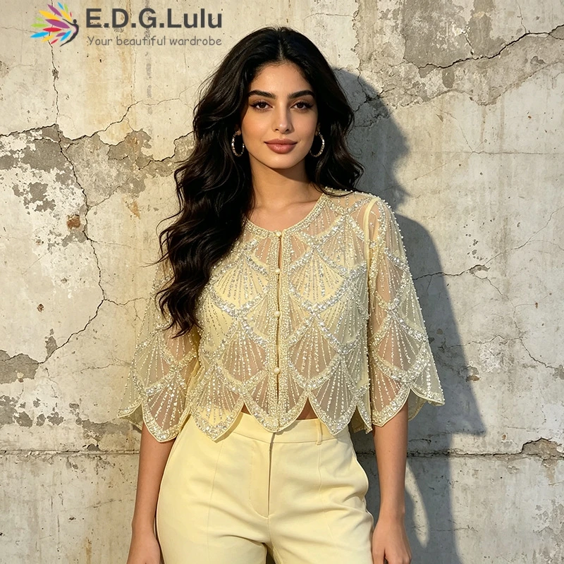 EDGLuLu Luxury Sequined Patchwork Top Woman Round Neck Single Breasted Mesh Spliced Nail Bead Top Blouse New 0607
EDGLuLu Luxury Sequined Patchwork Top Woman Round Neck Single Breasted Mesh Spliced Nail Bead Top Blouse New 0607