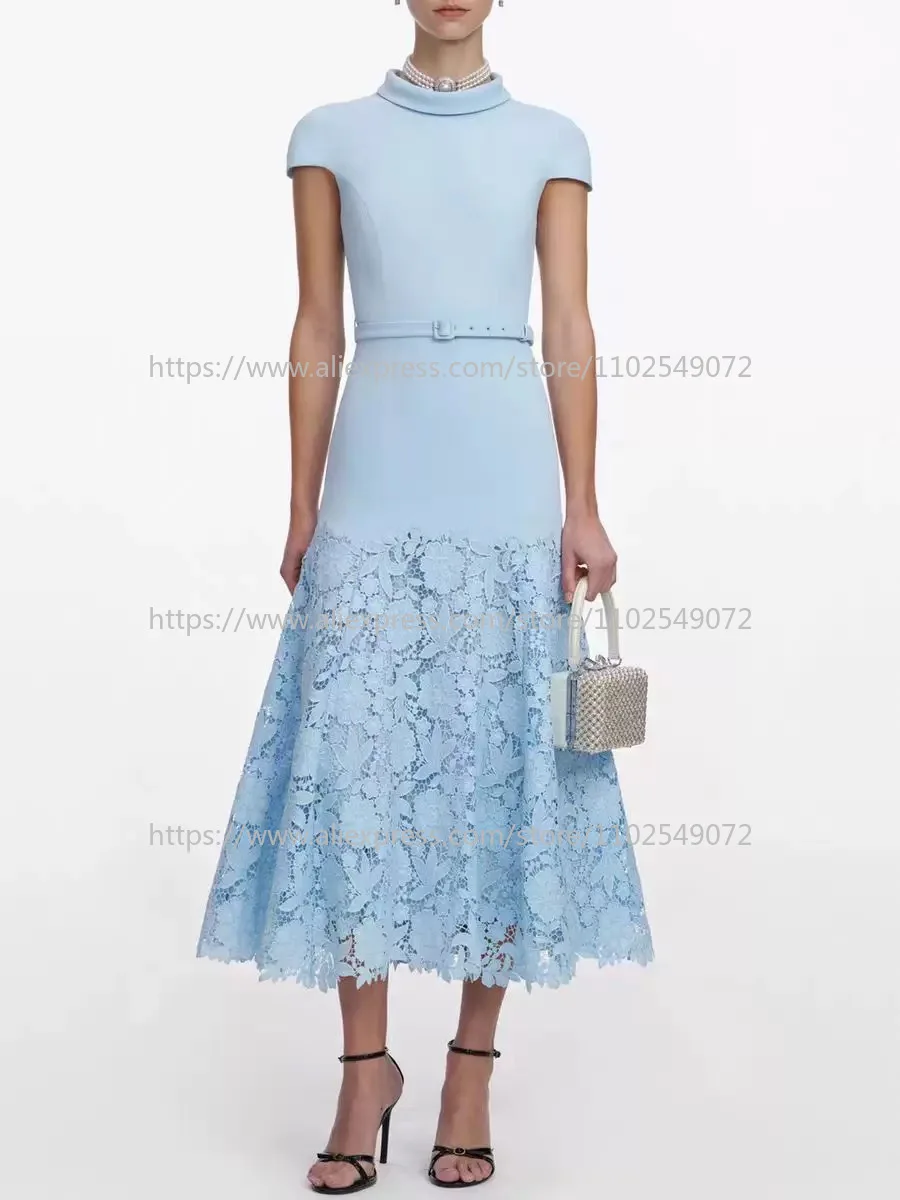 2026 High Guality Elegant Light Blue Spring Summer Turtle-neck Belted Women Midi Dress with Floral Lace Hem
2026 High Guality Elegant Light Blue Spring Summer Turtle-neck Belted Women Midi Dress with Floral Lace Hem