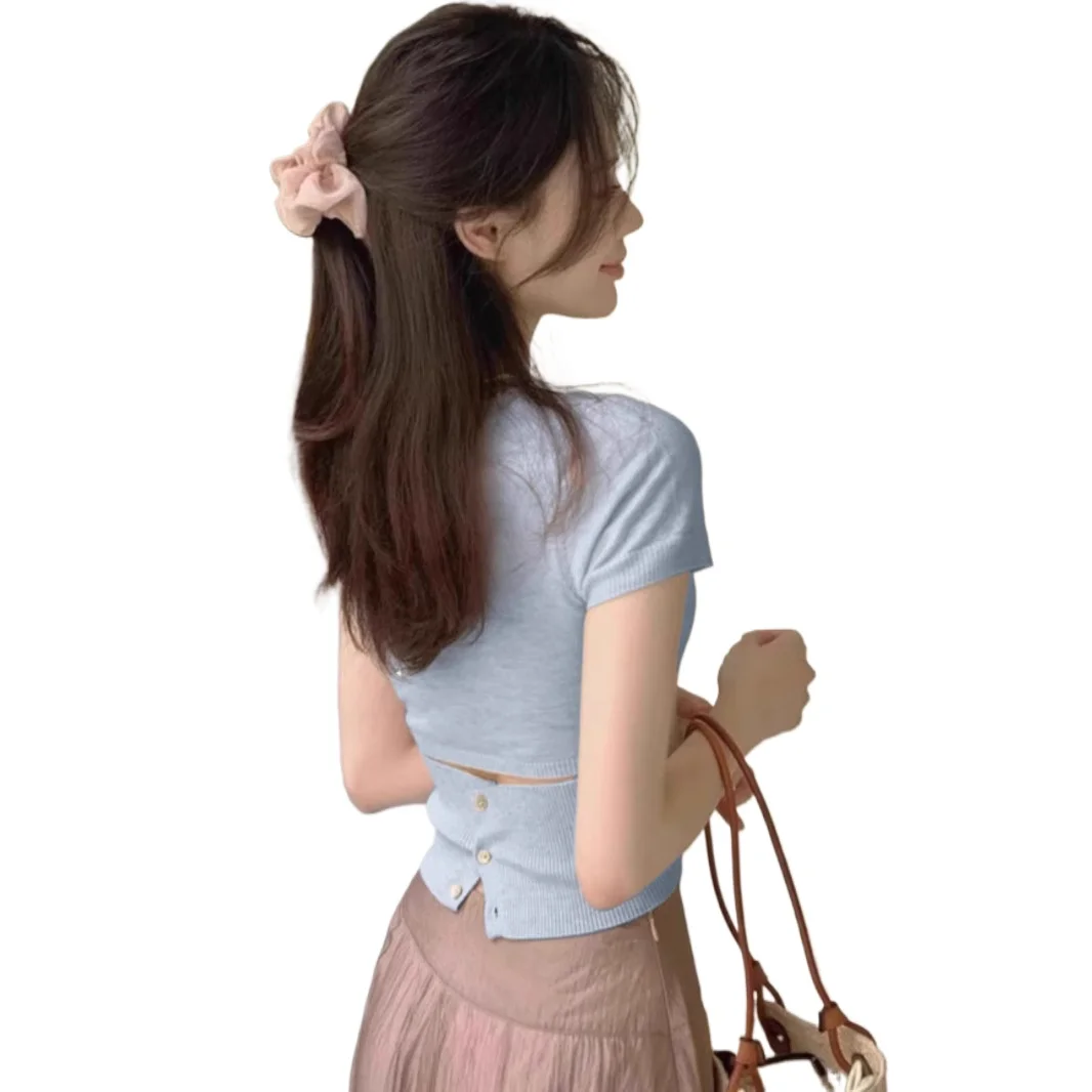 2026 Spring and Summer New Solid Color Temperament Knitted Backless Slim Shoulder Short Sleeve Women's T-shirt Chic Short Top
2026 Spring and Summer New Solid Color Temperament Knitted Backless Slim Shoulder Short Sleeve Women's T-shirt Chic Short Top
