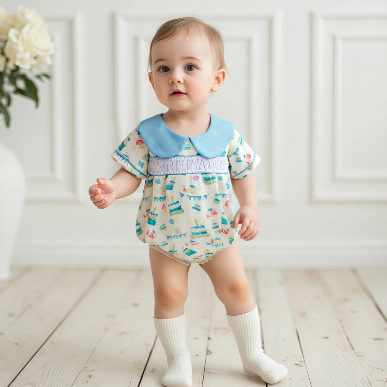 Baby Boy Romper, Short Sleeve Doll Collar Cake Print Embroidery Letters Summer Bodysuit Clothes for Birthday
Baby Boy Romper, Short Sleeve Doll Collar Cake Print Embroidery Letters Summer Bodysuit Clothes for Birthday