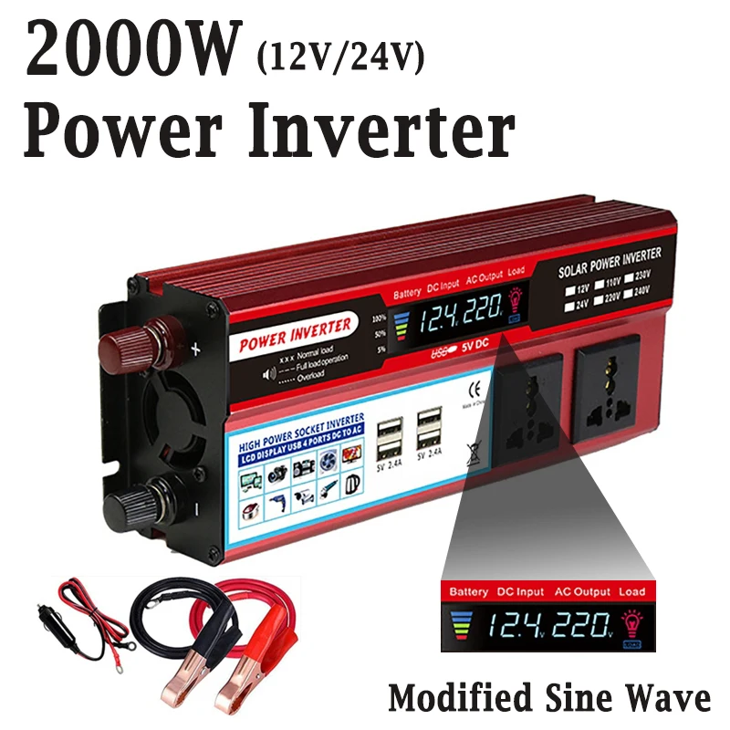 Peak 2000W Power Inverter 12V/24V Modified Sine Wave Car Home Appliances Electronic Voltage Converter 4 USB Ports LCD Display
Peak 2000W Power Inverter 12V/24V Modified Sine Wave Car Home Appliances Electronic Voltage Converter 4 USB Ports LCD Display