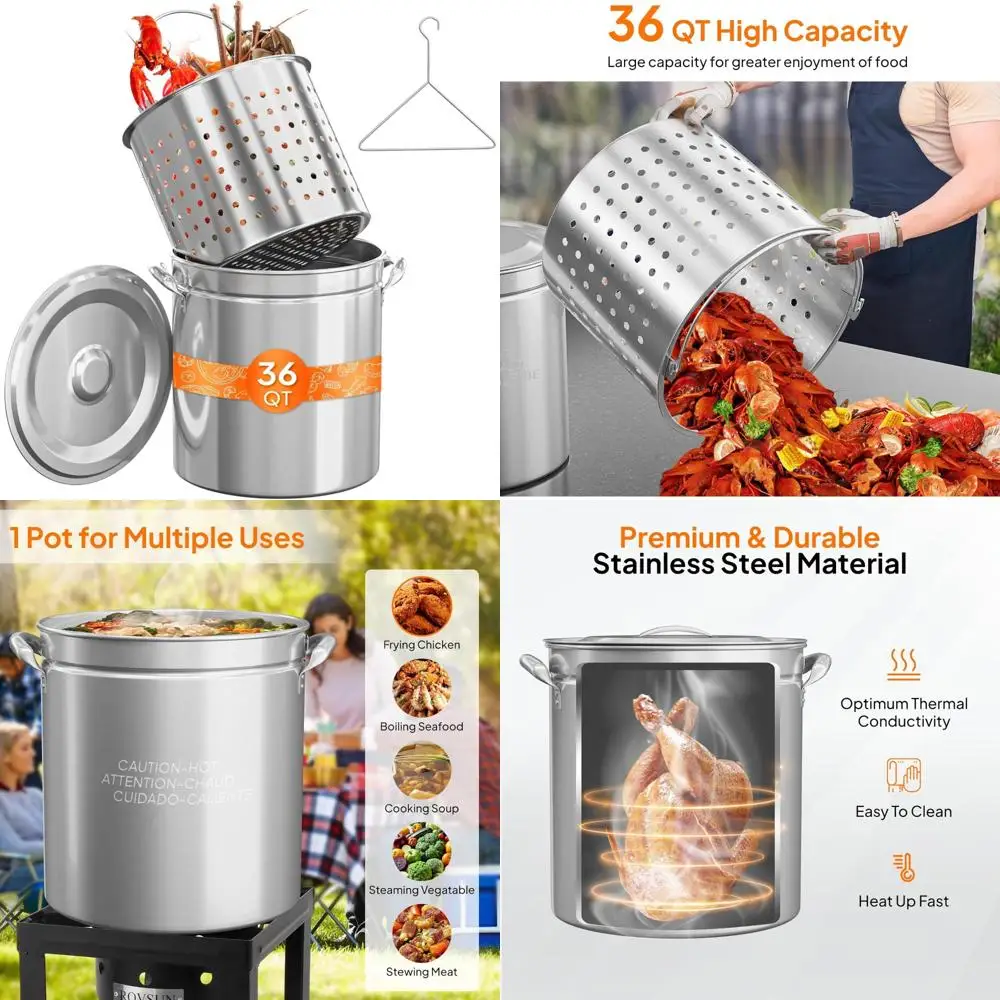 Stainless Steel 36 Quart Seafood Boil Pot with Strainer Basket, Lid and Hook, Ideal for Crab, Lobster, Shrimp Boils and Stock Ma
Stainless Steel 36 Quart Seafood Boil Pot with Strainer Basket, Lid and Hook, Ideal for Crab, Lobster, Shrimp Boils and Stock Ma