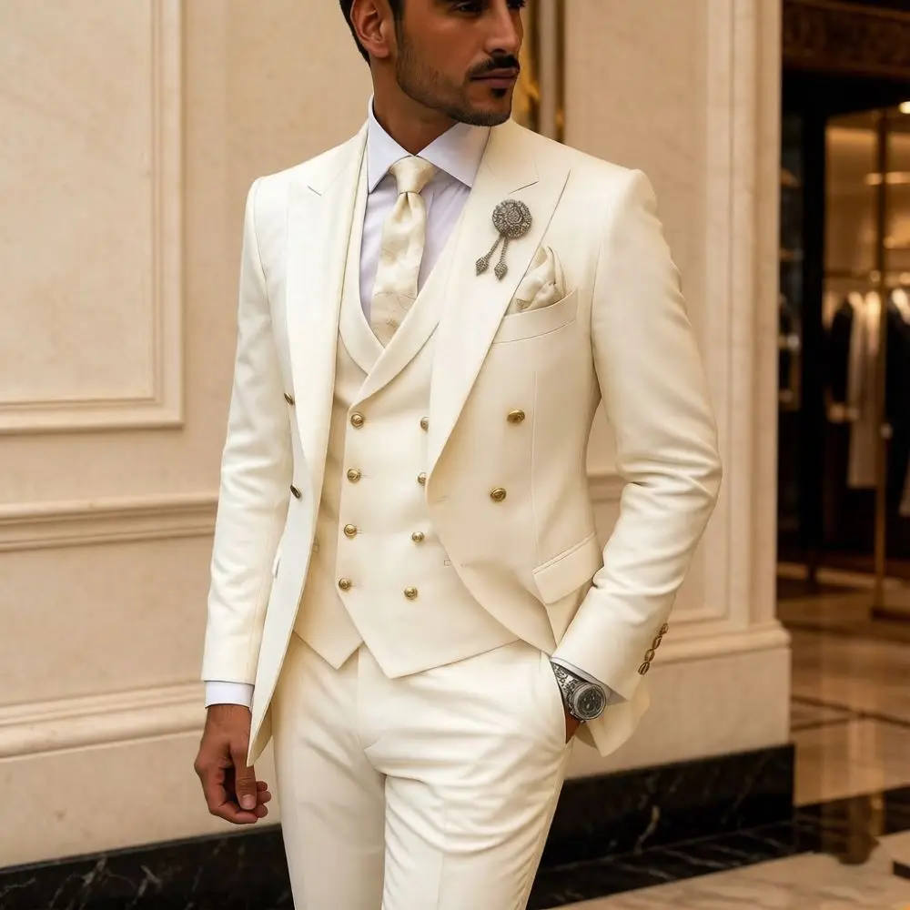 Mens White 3 Piece Suits Double Breasted Waistcoat Wedding Tuxedo Shiny Gold Buttons Luxury Formal Groom Prom Party Celebration
Mens White 3 Piece Suits Double Breasted Waistcoat Wedding Tuxedo Shiny Gold Buttons Luxury Formal Groom Prom Party Celebration