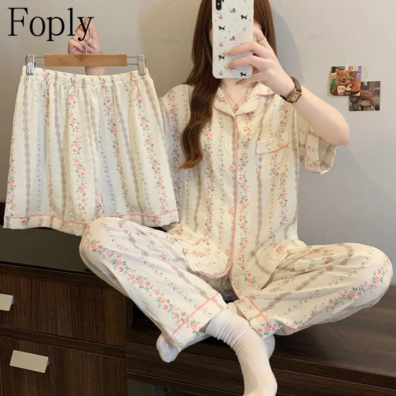 French 3Piece Woman Pajama Set Summer Sweet Striped Clouds Cotton Pyjama Sleepwear Short Sleeve Pant Pijama Mujer Pjs Loungewear
French 3Piece Woman Pajama Set Summer Sweet Striped Clouds Cotton Pyjama Sleepwear Short Sleeve Pant Pijama Mujer Pjs Loungewear