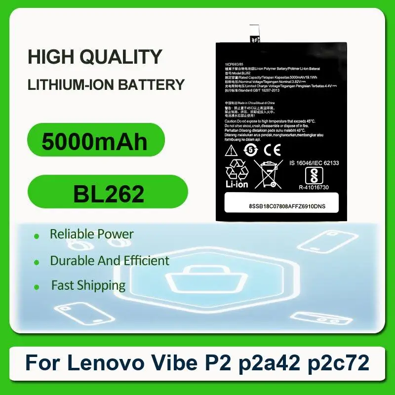 Replacement Mobile Phone Battery For Lenovo Vibe P2 p2a42 p2c72 BL262 5000mAh
Replacement Mobile Phone Battery For Lenovo Vibe P2 p2a42 p2c72 BL262 5000mAh