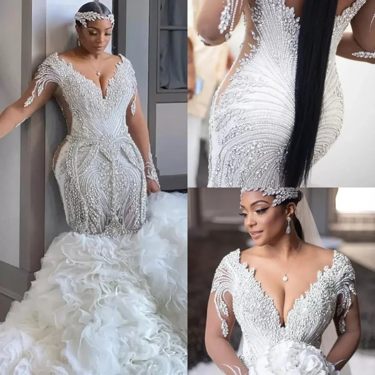 Customized Plus Size Mermaid Wedding Dresses Bridal Gowns Lace Appliqued Beaded V Neck Long Sleeve Tiered Skirts Ruffles Vestido 
Customized Plus Size Mermaid Wedding Dresses Bridal Gowns Lace Appliqued Beaded V Neck Long Sleeve Tiered Skirts Ruffles Vestido