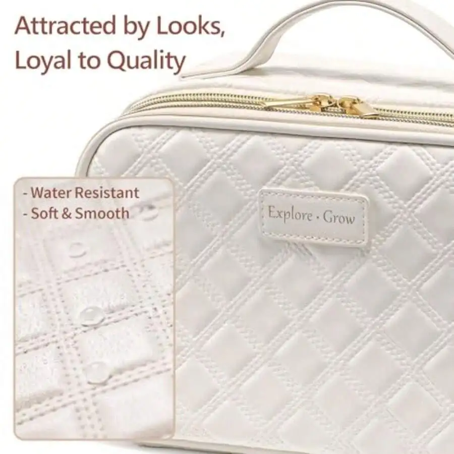 Quilted PU Leather Travel Makeup Bag For Women With Dividers And Brush Holder
Quilted PU Leather Travel Makeup Bag For Women With Dividers And Brush Holder