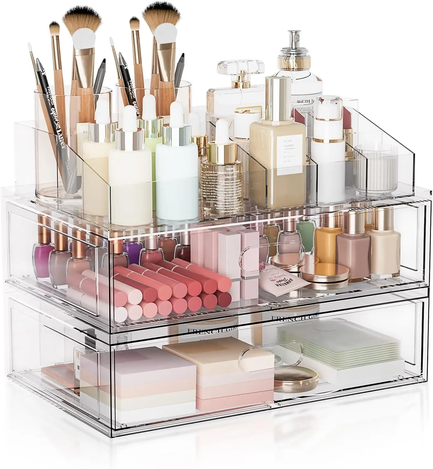 Clear Stackable Makeup Organizer with Drawer, 12' Acrylic Cosmetic Storage for Vanity
Clear Stackable Makeup Organizer with Drawer, 12' Acrylic Cosmetic Storage for Vanity