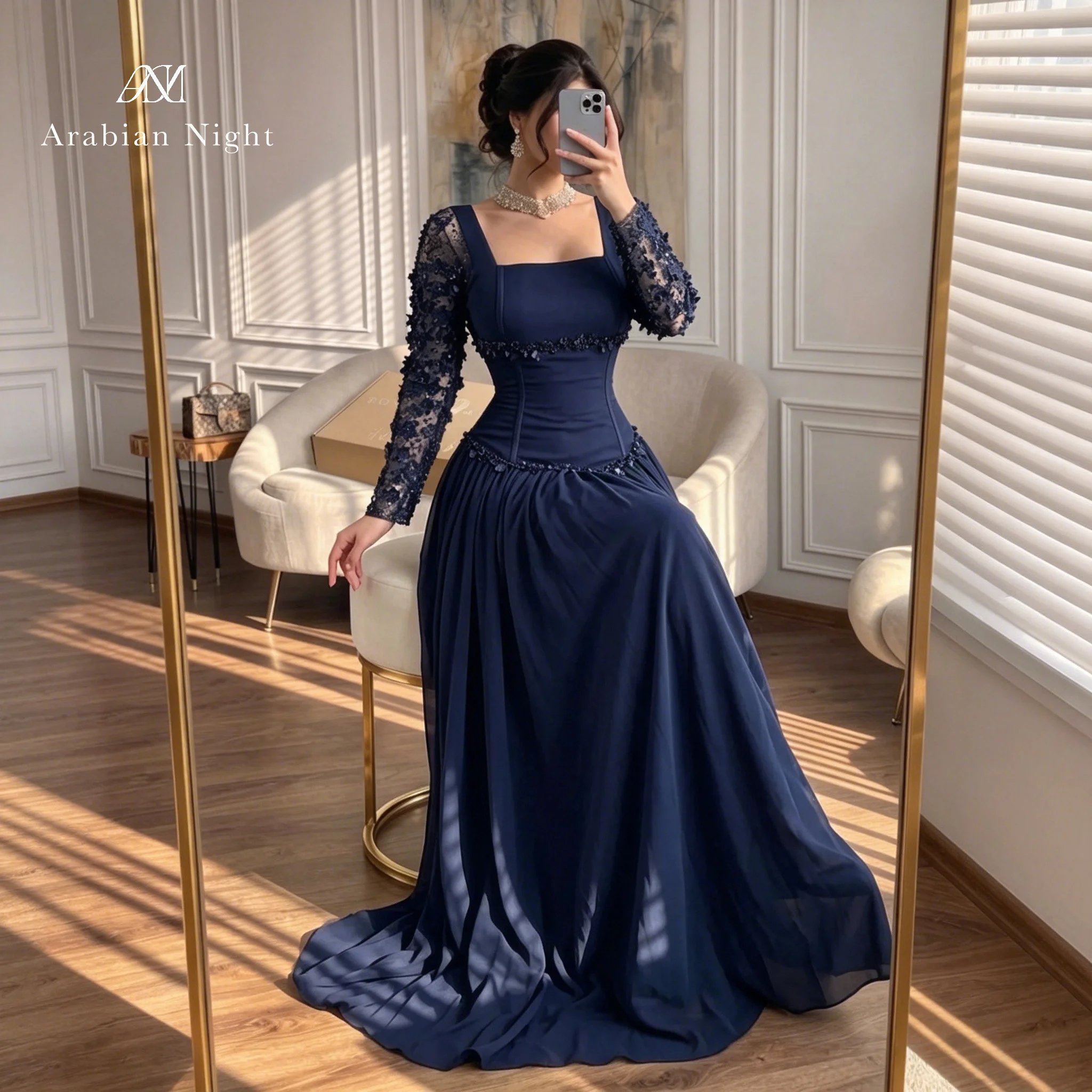 Elegant Blue Strapless Long Sleeve Floor Length Mermaid Formal Gown Adorned with Floral Appliqués and Beaded Embroidery
Elegant Blue Strapless Long Sleeve Floor Length Mermaid Formal Gown Adorned with Floral Appliqués and Beaded Embroidery