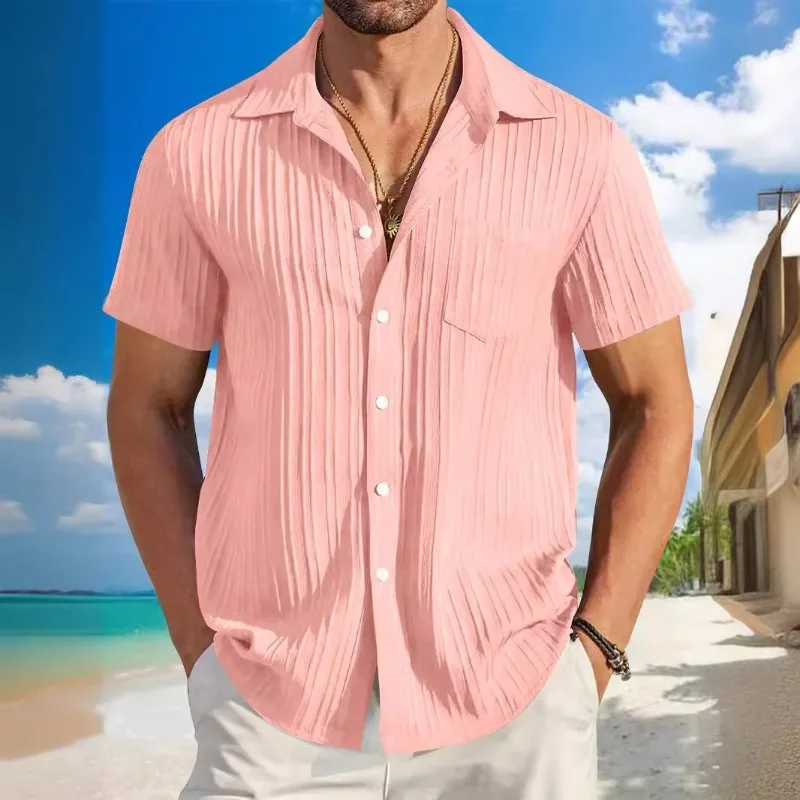 Men Vertical Striped Textured Short Sleeve Shirt Lapel Pocket Casual Beach Shirts
Men Vertical Striped Textured Short Sleeve Shirt Lapel Pocket Casual Beach Shirts