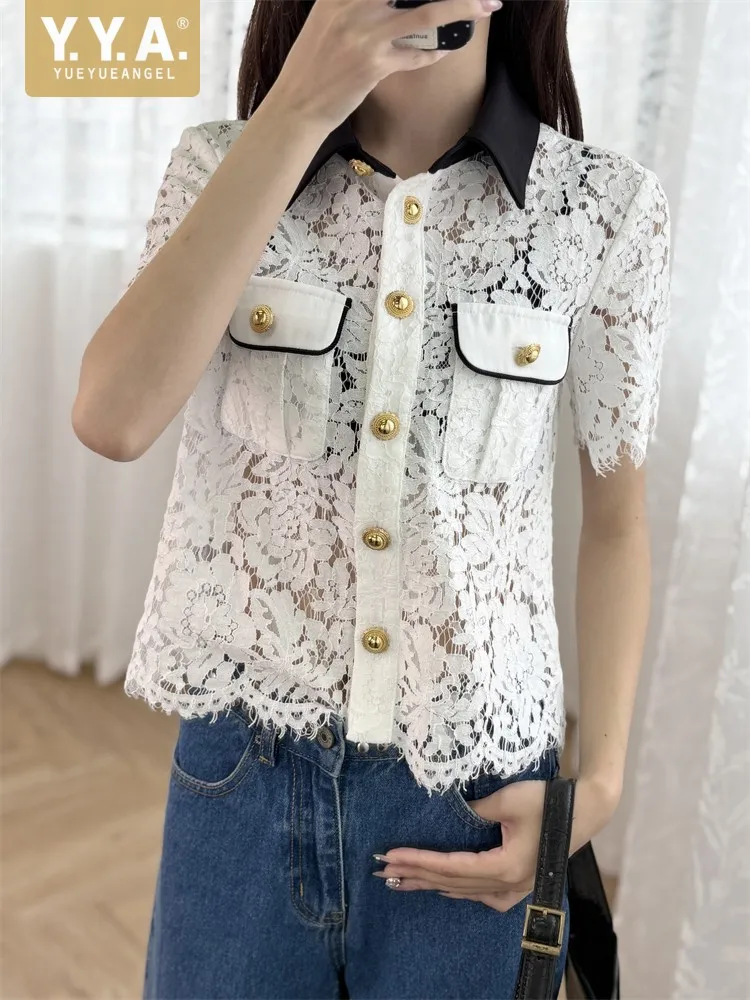 Summer Women Elegant Thin Black Beige White Contrast Shirts Turndown Collar Flower Lace Gold Single Breasted Short Sleeved Tops 
Summer Women Elegant Thin Black Beige White Contrast Shirts Turndown Collar Flower Lace Gold Single Breasted Short Sleeved Tops