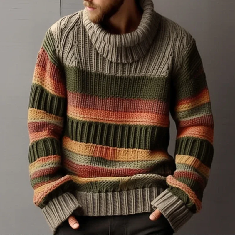 Long Sleeve Fashion Turtleneck Sweaters Men Autumn Vintage Striped Jacquard Knitted Tops Mens Sweater Casual Loose Knit Pullover
Long Sleeve Fashion Turtleneck Sweaters Men Autumn Vintage Striped Jacquard Knitted Tops Mens Sweater Casual Loose Knit Pullover