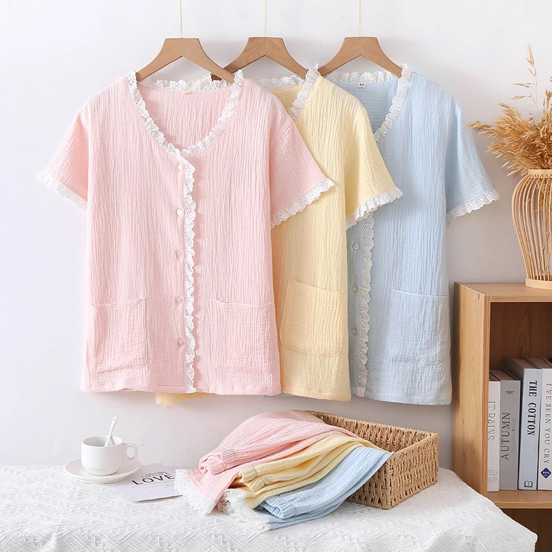 2pcs Women's Pajama Set Cute Japanese Style 100% Cotton Gauze Lace Trim Short Sleeve 3/4 Pants Lightweight Soft Casual Loungewea
2pcs Women's Pajama Set Cute Japanese Style 100% Cotton Gauze Lace Trim Short Sleeve 3/4 Pants Lightweight Soft Casual Loungewea