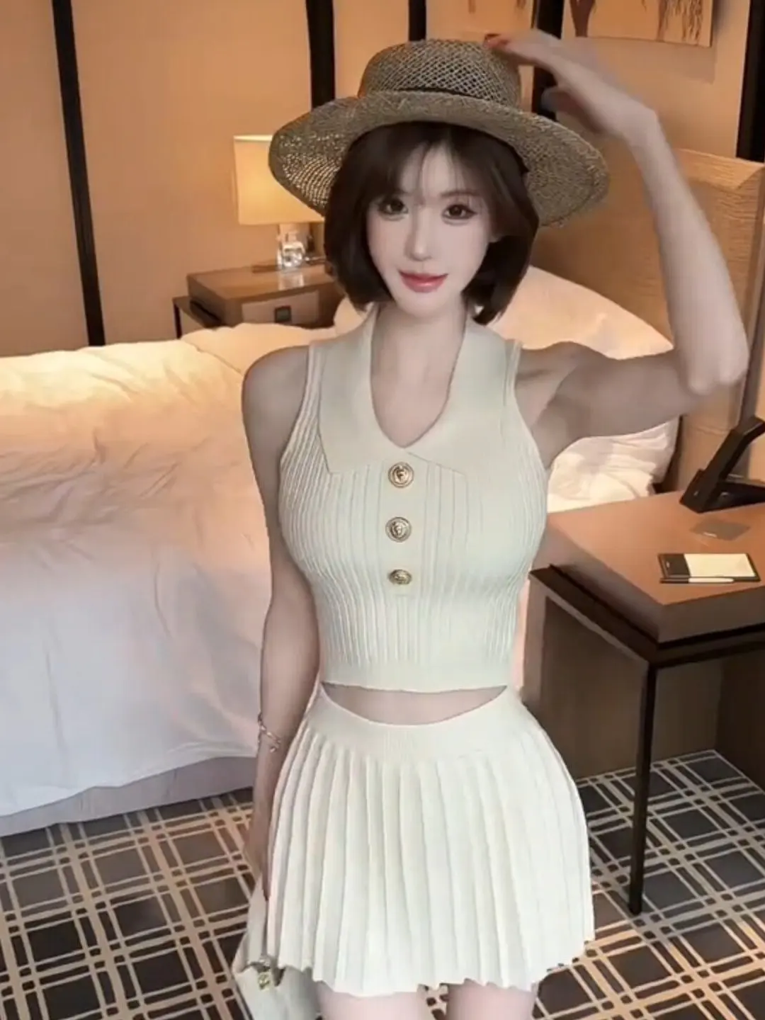 Summer Fashion Set Women's V-neck Sleeveless Knitted Vest Top High Waist Pleated Skirt Two-piece Set Design Sense Elegant
Summer Fashion Set Women's V-neck Sleeveless Knitted Vest Top High Waist Pleated Skirt Two-piece Set Design Sense Elegant