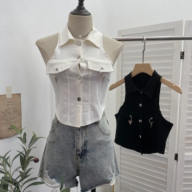 Women's Sleeveless Shirt Elastic Design Single-breasted Slim-fitting Vest Short Blouses Top
Women's Sleeveless Shirt Elastic Design Single-breasted Slim-fitting Vest Short Blouses Top