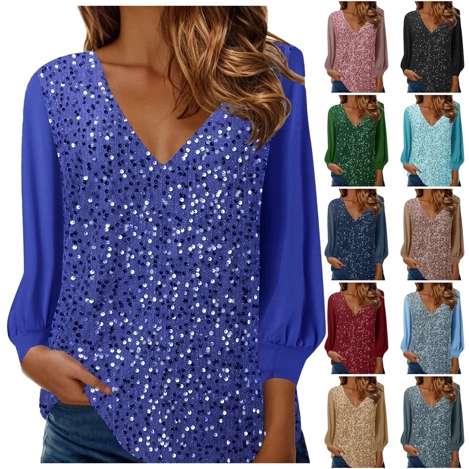 Women's Elegant Blouses Shiny Sequin Patchwork Long Sleeve Blouse Sparkling V-Neck Pullover Tops Vintage Evening Party Blusas
Women's Elegant Blouses Shiny Sequin Patchwork Long Sleeve Blouse Sparkling V-Neck Pullover Tops Vintage Evening Party Blusas