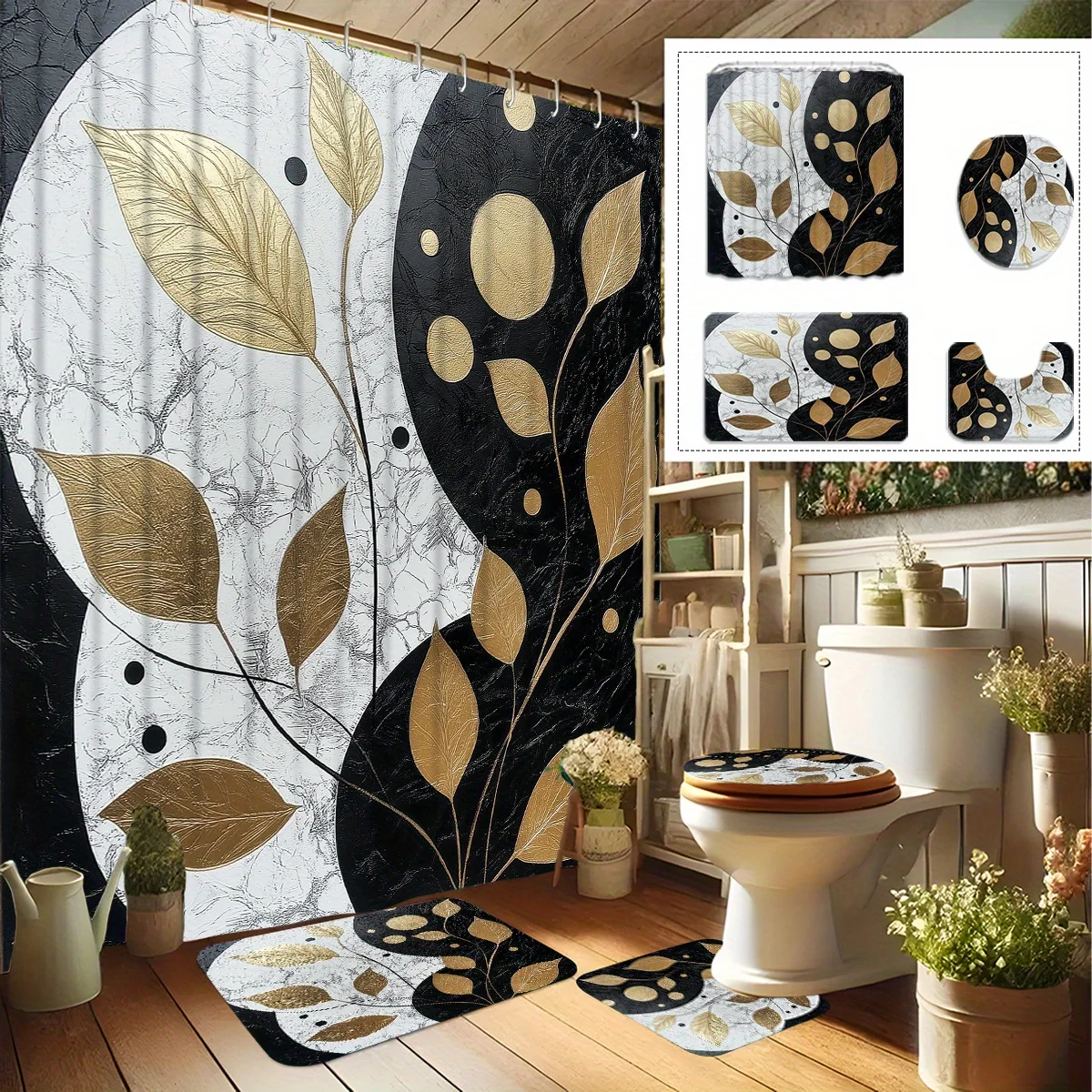 Набор из 4 предметов, черный, белый и золотой абстрактный узор листьев, занавеска для душа, нескользящий коврик, U-образный коврик, сиденье для унитаза
Набор из 4 предметов, черный, белый и золотой абстрактный узор листьев, занавеска для душа, нескользящий коврик, U-образный коврик, сиденье для унитаза