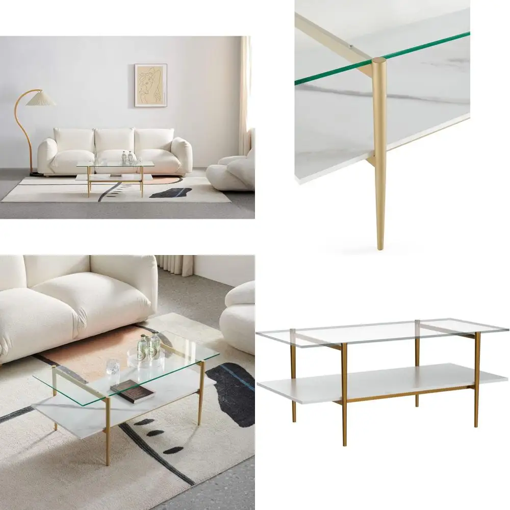 Mid-Century Modern Coffee Table with Gold Legs, Clear Glass Top and Auxiliary Marble Shelf, 41 inches
Mid-Century Modern Coffee Table with Gold Legs, Clear Glass Top and Auxiliary Marble Shelf, 41 inches