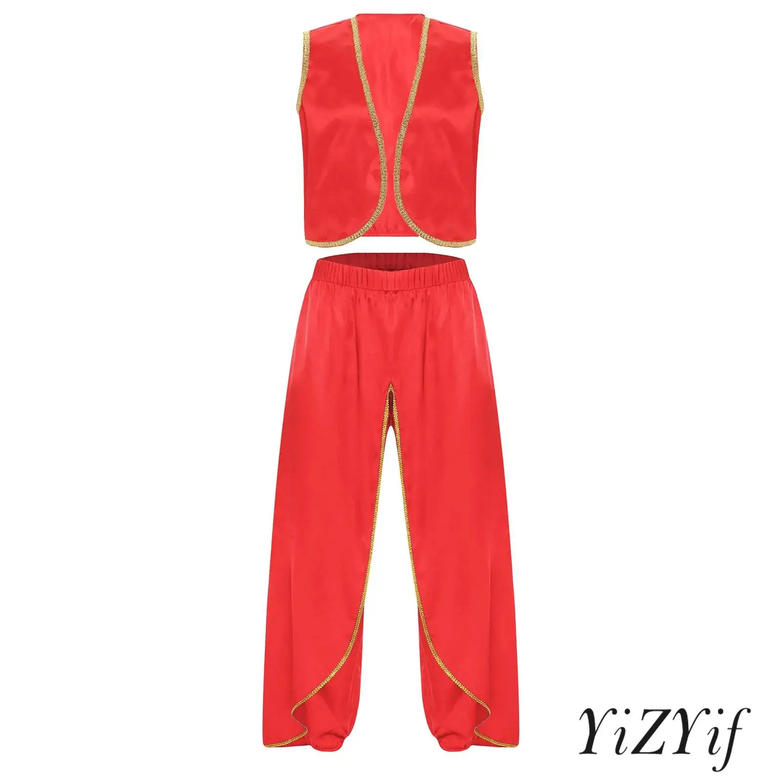 2Pcs Mens Arabian Prince Costume Gold Trim Open Front Vest And Baggy Pants India Dhoti Palazzo Trousers for Halloween Party Show
2Pcs Mens Arabian Prince Costume Gold Trim Open Front Vest And Baggy Pants India Dhoti Palazzo Trousers for Halloween Party Show