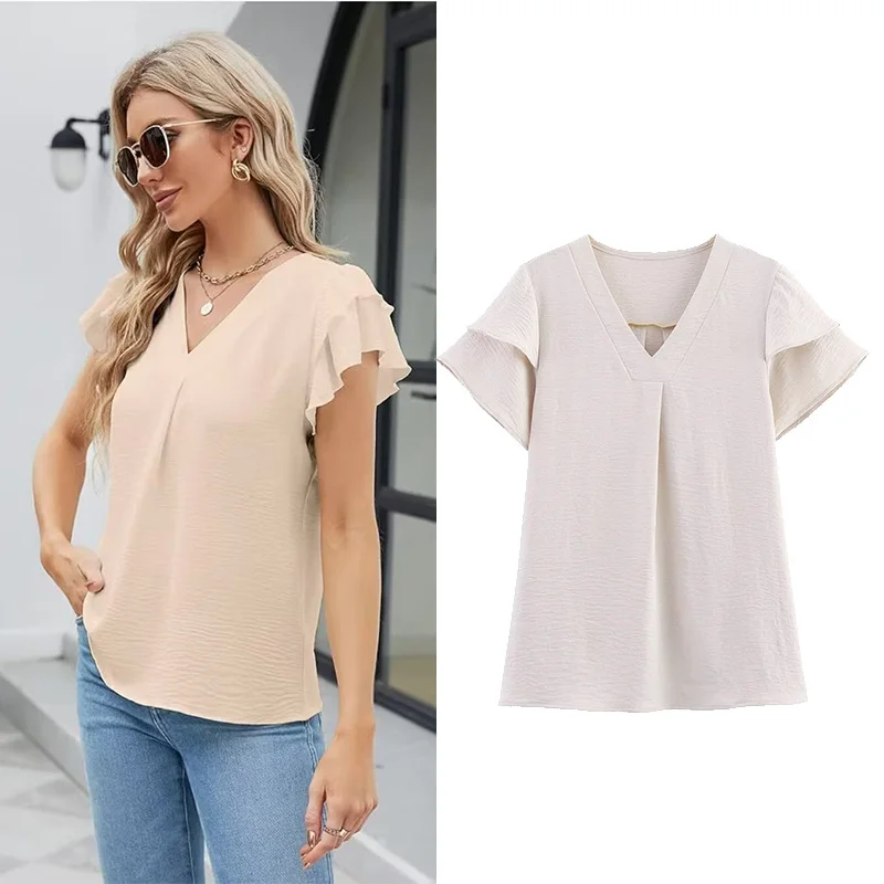 TRAF Women's Ice Silk Summer Shirt - Wrinkled Ruffle V-Neck Blouse in French Minimalist Style
TRAF Women's Ice Silk Summer Shirt - Wrinkled Ruffle V-Neck Blouse in French Minimalist Style