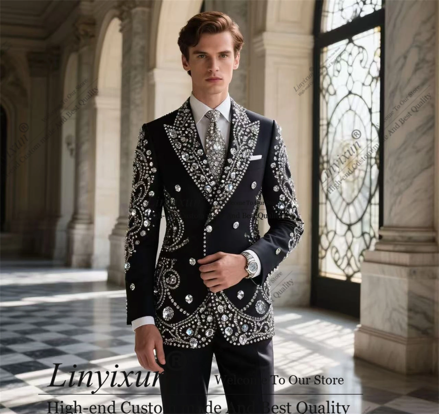 Shiny Men's Suit Metal Embellished Appliques Beaded Tuxedo 2 Pieces Sets Customized Wedding Groomsmen Blazer Outfit Ropa Hombre
Shiny Men's Suit Metal Embellished Appliques Beaded Tuxedo 2 Pieces Sets Customized Wedding Groomsmen Blazer Outfit Ropa Hombre
