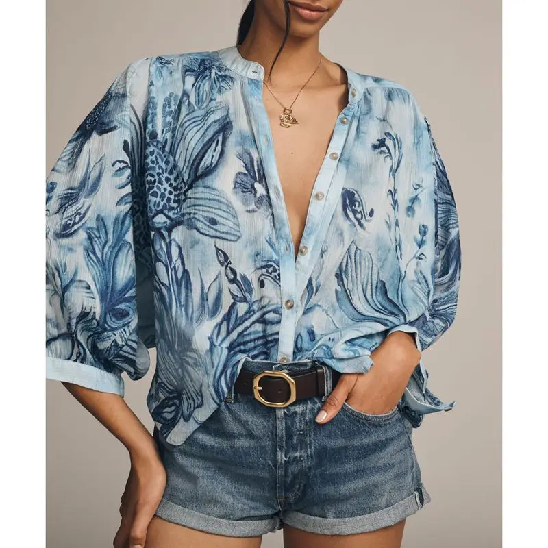 Women Bohomian 3/4 Lantern Sleeve Shirt Top Button-down Round Neck Aesthetic Vintage Floral Print Loose Fit Blouse
Women Bohomian 3/4 Lantern Sleeve Shirt Top Button-down Round Neck Aesthetic Vintage Floral Print Loose Fit Blouse
