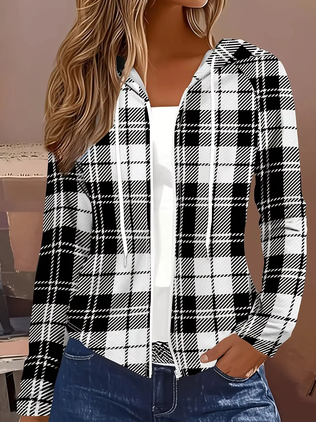 casual style Black White Plaid Pattern Print hooded jacket
casual style Black White Plaid Pattern Print hooded jacket