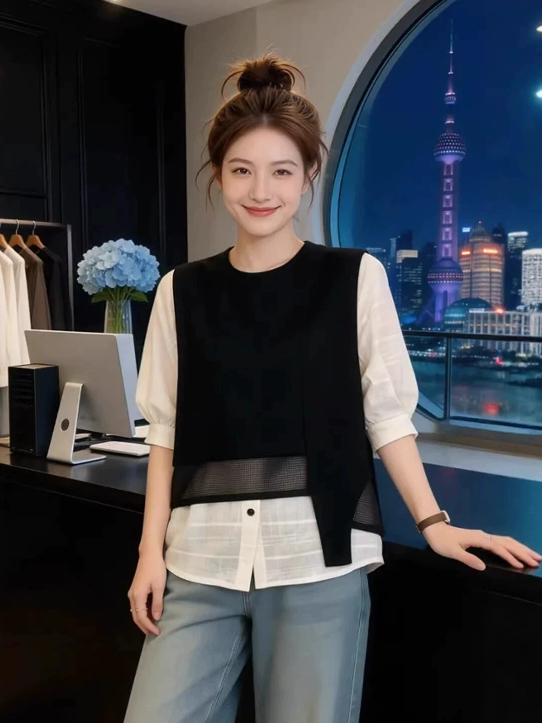 Black White Color Block Short Sleeve Shirt Women Summer plus Size Slimming Asymmetrical Design Korean Style round Neck Top
Black White Color Block Short Sleeve Shirt Women Summer plus Size Slimming Asymmetrical Design Korean Style round Neck Top