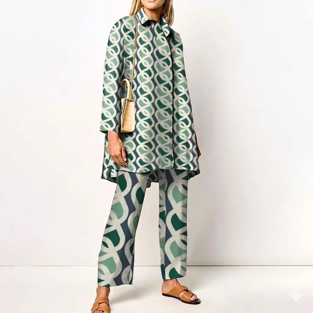 Geometric Print Two Piece Outfit Long Sleeve Shirt and Wide Leg Pants Co-ord Set Casual Loose Fit Matching Set for Women
Geometric Print Two Piece Outfit Long Sleeve Shirt and Wide Leg Pants Co-ord Set Casual Loose Fit Matching Set for Women
