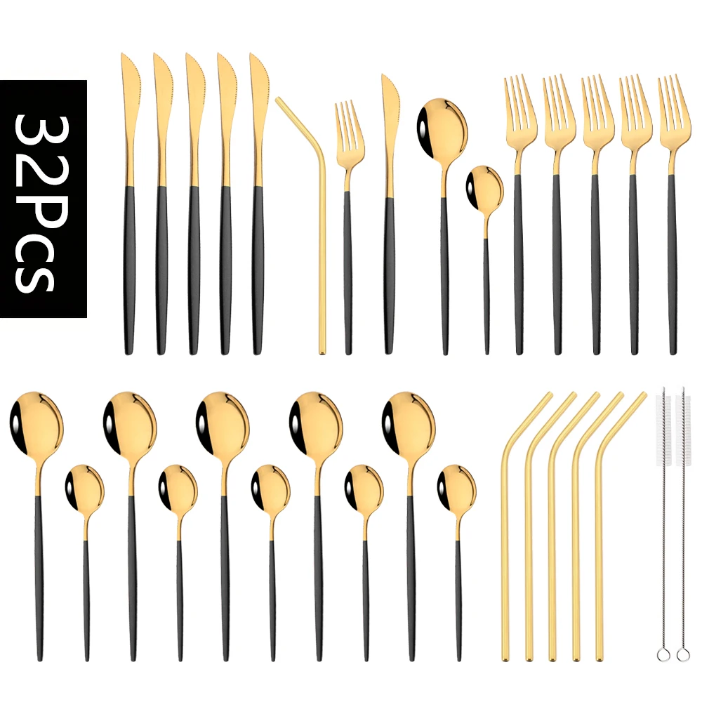 Black Gold 32Pcs Dinnerware Set Stainless Steel Dinner Knife Fork Spoon Metal Straw Cutlery Set Kitchen Tableware Flatware Set
Black Gold 32Pcs Dinnerware Set Stainless Steel Dinner Knife Fork Spoon Metal Straw Cutlery Set Kitchen Tableware Flatware Set