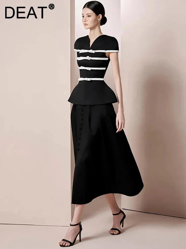 DEAT Women's Fashion 2 Pcs Set Bow Contrast Color V-neck Short Sleeve Line Waist Tops Loose Skirt Suit Summer 2024 New 13DB3100
DEAT Women's Fashion 2 Pcs Set Bow Contrast Color V-neck Short Sleeve Line Waist Tops Loose Skirt Suit Summer 2024 New 13DB3100