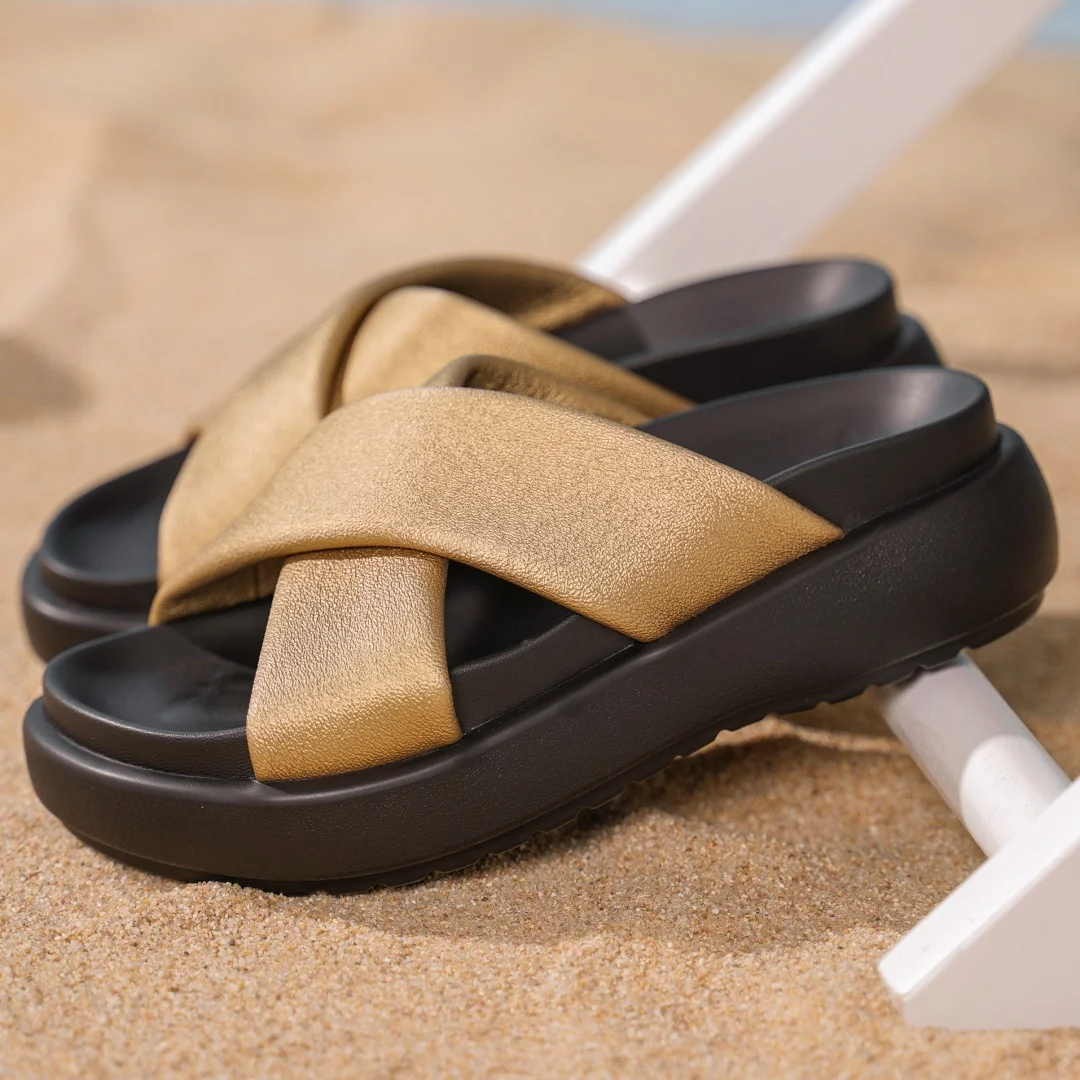 Women's genuine leather narrow band cross strap slip-on thick sole platform flats summer slides sandals high quality casual shoe
Women's genuine leather narrow band cross strap slip-on thick sole platform flats summer slides sandals high quality casual shoe