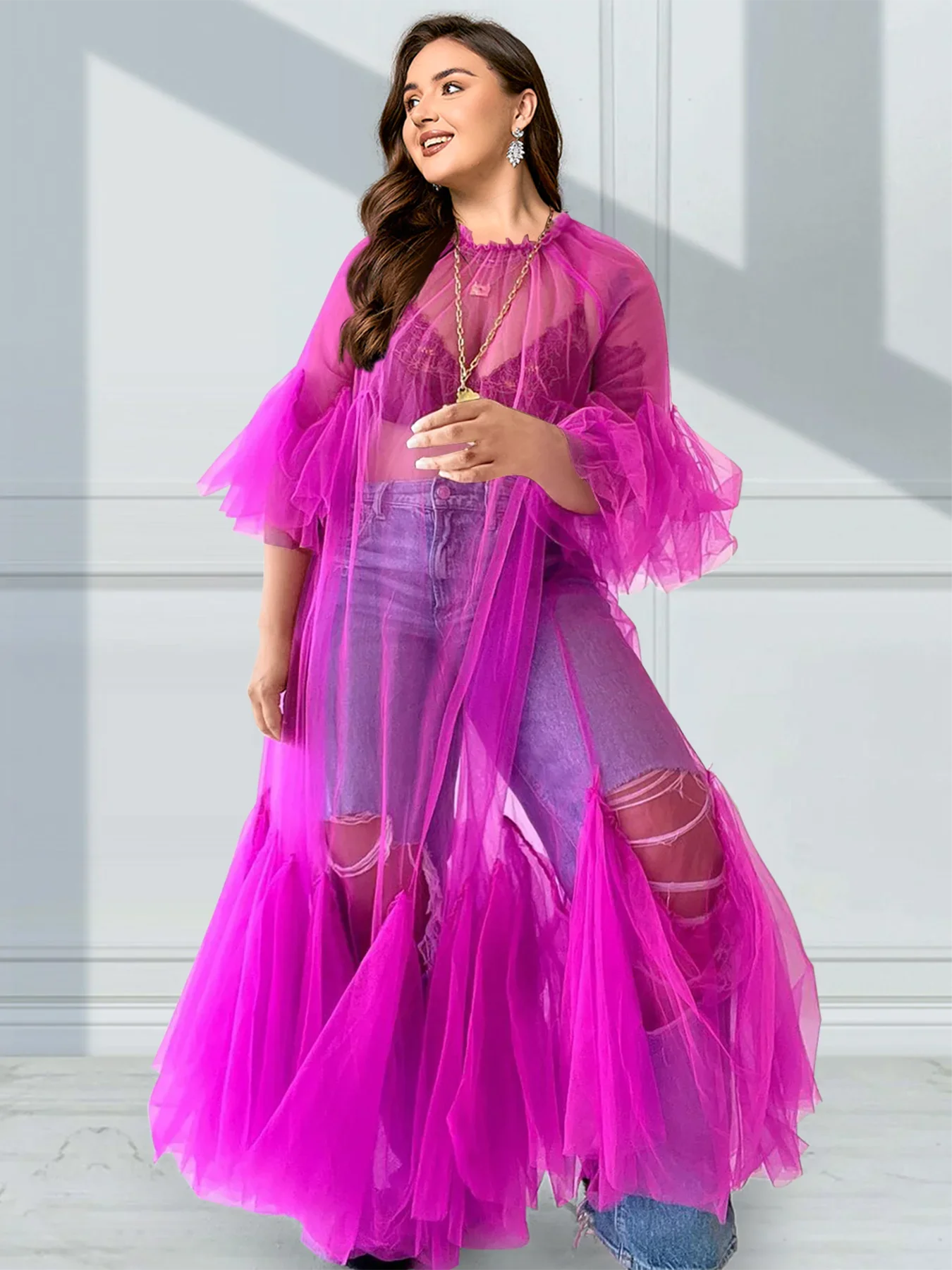 Plus Size Women's Dress Petal Sleeve Thin Mesh Sexy Elegant Ruffle Hem Dress Round Neck Pleated Tulle See-Through Dress 2025
Plus Size Women's Dress Petal Sleeve Thin Mesh Sexy Elegant Ruffle Hem Dress Round Neck Pleated Tulle See-Through Dress 2025