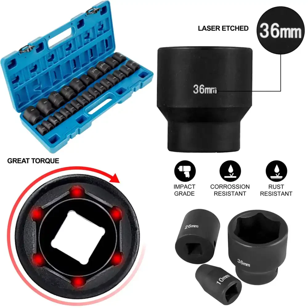 Metric Impact Socket Set, CR-V Steel 6-Point Shallow Sockets with Laser-Etched Size Marking for Auto Repair and Industrial
Metric Impact Socket Set, CR-V Steel 6-Point Shallow Sockets with Laser-Etched Size Marking for Auto Repair and Industrial