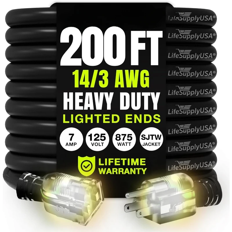 200ft Outdoor/Indoor Extension Cord 14/3 Gauge Heavy Duty 3 Prong SJTW, Waterproof, Flexible Cold
200ft Outdoor/Indoor Extension Cord 14/3 Gauge Heavy Duty 3 Prong SJTW, Waterproof, Flexible Cold