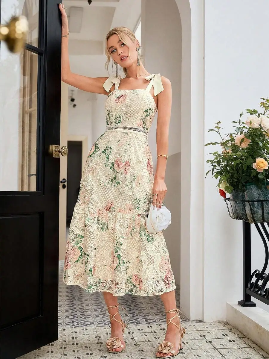 Cream Floral Lace Midi Dress With Detachable Bow-Tie Spaghetti Straps For Summer Wedding, Party, Vacation And Birthday Events
Cream Floral Lace Midi Dress With Detachable Bow-Tie Spaghetti Straps For Summer Wedding, Party, Vacation And Birthday Events
