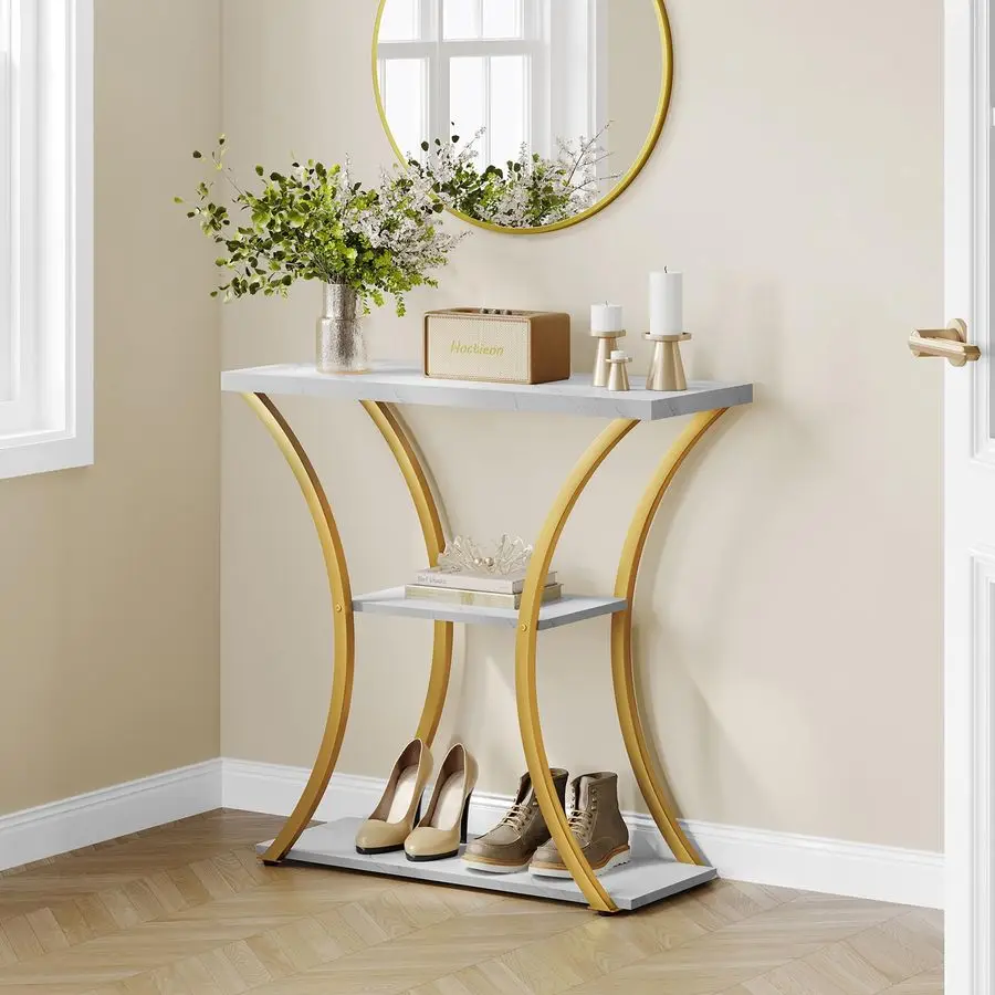 3 Tier Console Table with Open Wood Shelves, Decorative Entryway Table with Curved Metal Frames, Narrow Sofa Table for Entrance
3 Tier Console Table with Open Wood Shelves, Decorative Entryway Table with Curved Metal Frames, Narrow Sofa Table for Entrance