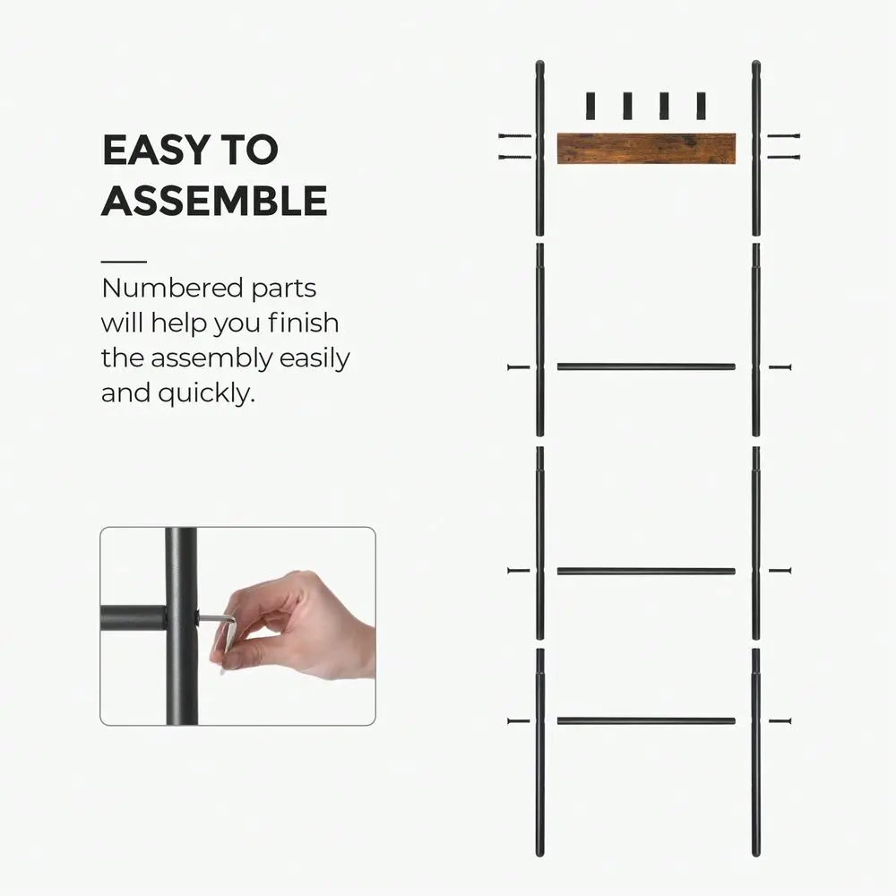 Blanket Ladder, 5Tier Ladder Shelf, Decorative Ladder With 4 Removable Hooks, Metal Frame, Industrial Style
Blanket Ladder, 5Tier Ladder Shelf, Decorative Ladder With 4 Removable Hooks, Metal Frame, Industrial Style